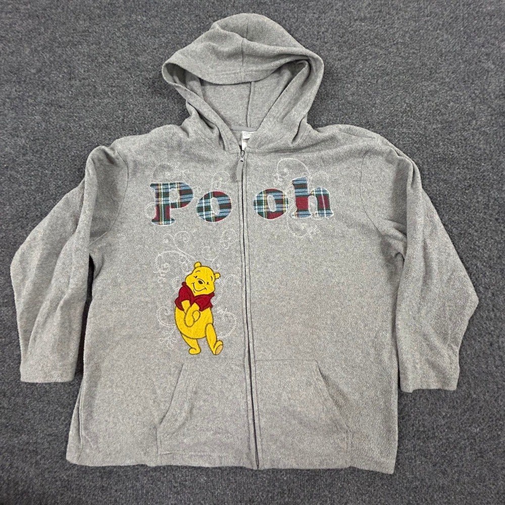 Disney Hoodie Womens Size 2X Gray Winnie the Pooh Fleece Plaid Logo Full Zip